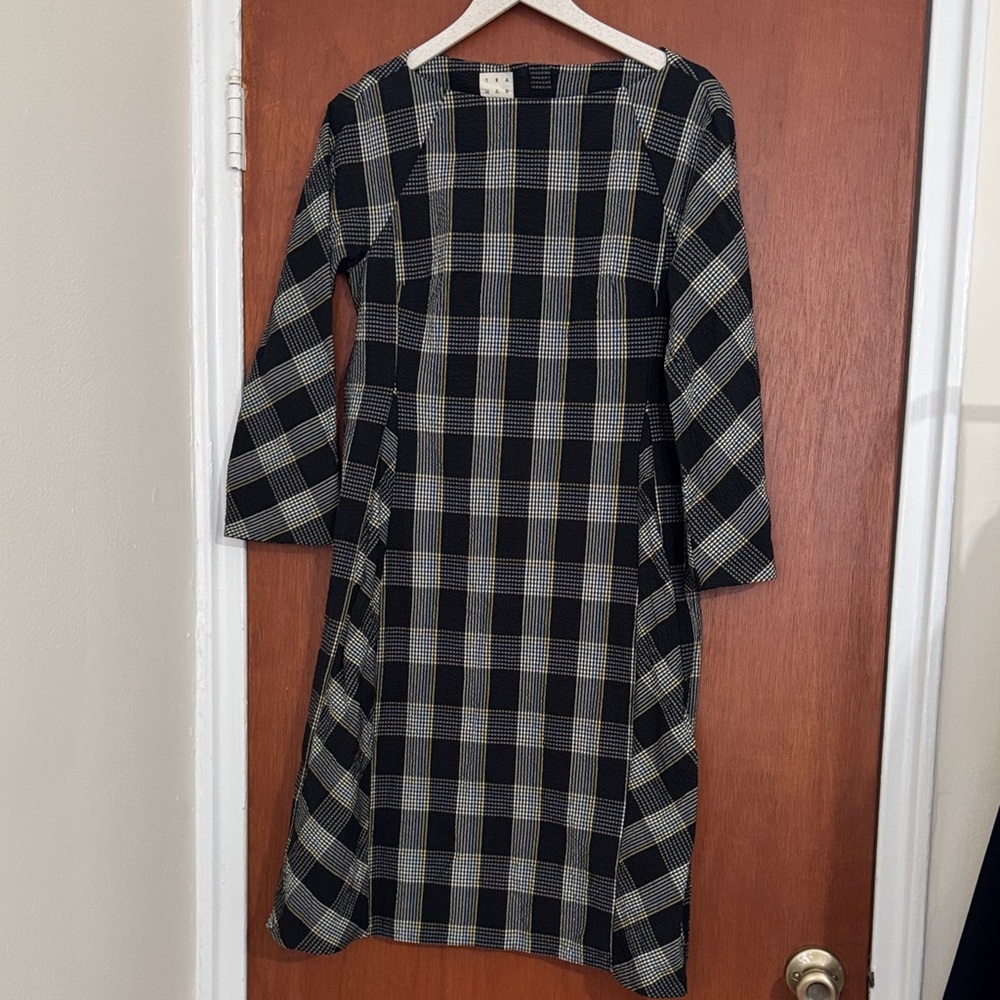 Chic Navy Blue and White Plaid Long Sleeve Dress